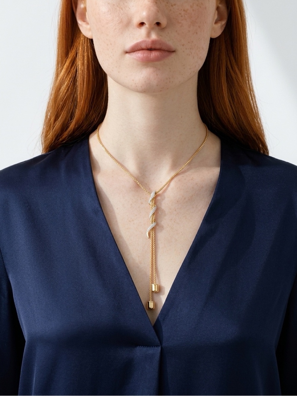 Crystal Pavé Serpent Bolo Drop Necklace Gold Tone Glam Statement